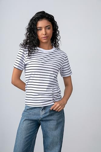 Women's Striped Shirt Basic Short Sleeved Round Neck Striped T-Shirt, Casual Summer Clothing，2 Pack2