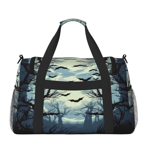 Travel Duffel Bag For Men Women, Halloween Moon Forest Tree Bats Carry On Sport Gym Bag With Shoulder Strap Lightweight Waterproof Weekender Bag Overnight Bag2