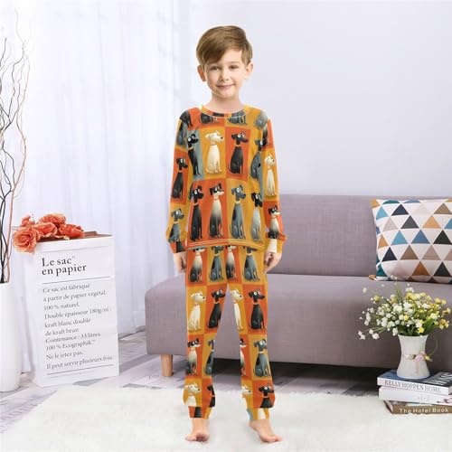 Long Sleeve Pajama Set for Girls Boys,Dogs Sitting in Squares Comfy Crewneck Sleepwears,Soft Kid's Homewear Clothes Underwear Sets 3T4