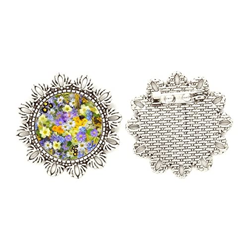 Broche de flores amarillas y azules con detalles plateados elegantes en tamaño mediano