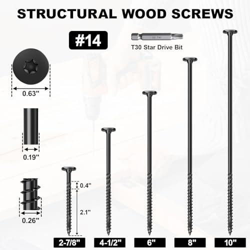 Image of FMhotu #14 Heavy-Duty Wood Screws, Star Drive Deck Screws, Rust Resistant Timber Screws for Timber /Log /Landscaping Wood (10 Inch,50Pcs,Black)
