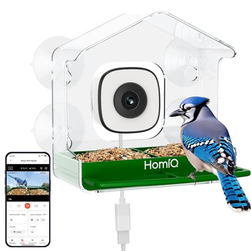 HomiQ Smart Window Bird Feeder with 2K HD Camera AI Bird Species Identification 4 Strong Suction Cups Clear Acrylic Detachable Seed Tray Indoor Bird Watching Camera for Bird Lovers
