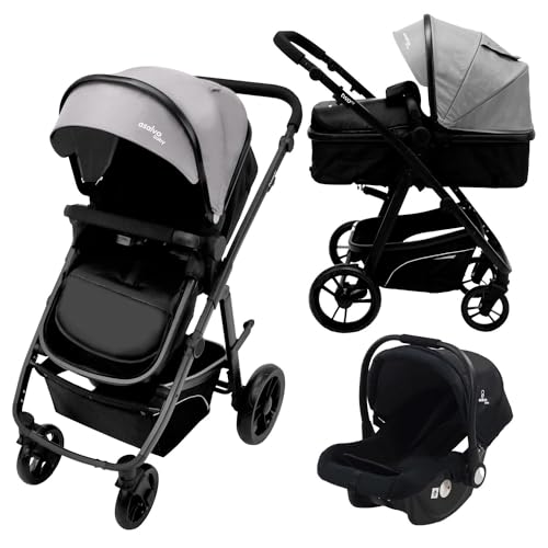 Asalvo TWO+ 2 Trío Convertible 3 en 1, Silla de Paseo, Carrito de bebé, Silla de Auto, Plegable, Compacto y Reclinable, Suspensión en las ruedas, Silla reversible, Amplio capazo, hasta 23 kg, Gris