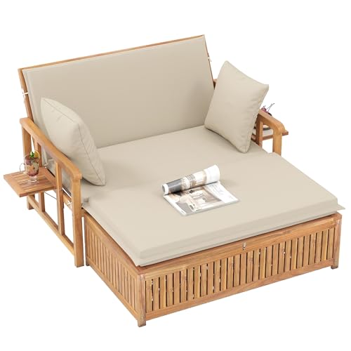 Tangkula Outdoor Acacia Wood Daybed with Storage Ottoman, Wood Patio Loveseat Sofa with 4-Level Backrest & Removable Cushions, 2 Folding Side Tables, Patio Recliner Lounger for Poolside, Backyard
