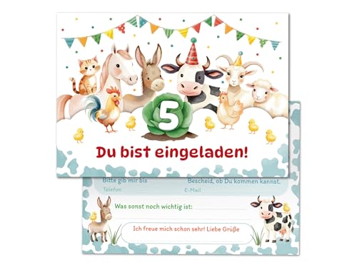 Junaversum 12 Einladungskarten zum 5. Kindergeburtstag Bauernhof Kinder Mädchen Jungen coole bunte Einladungen fünfte Geburtstag Geburtstagseinladungen Kids