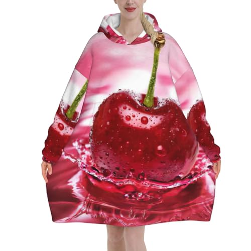 Couverture à capuche en flanelle avec manches et grande poche imprimée cerises rouges chaude