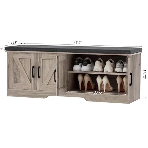 Image of HOMSHO Farmhouse Shoe Storage Bench with 4 Barn Doors & Padded Seat Cushion | 47.2 inch Wide Entryway Bench with Adjustable Shelves & Hidden Storage, Greige
