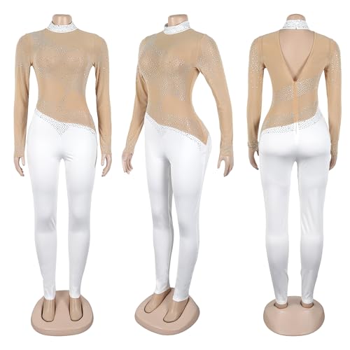 Image of Jigfar Women Sexy Embellished Rhinestone Bodycon Jumpsuit Mesh See Through Patchwork Birthday Party Night Out Clubwear