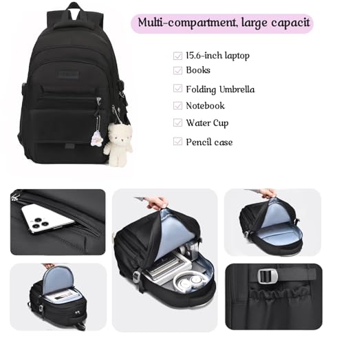 Image of PRLINJSK Girls Backpack for College High Middle School Student, Cute Aesthetic Bookbag for Teens Women with Accessories,Black