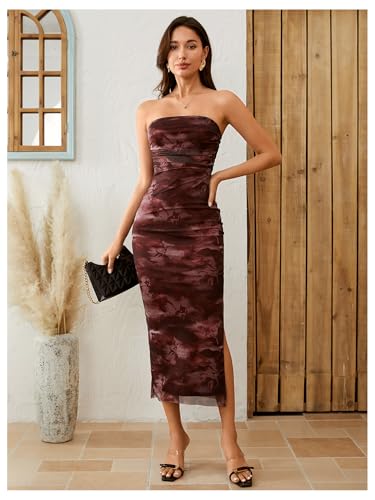 Image of Milumia Women's 2026 Summer Floral Strapeless Tube Top Dresses Side Slit Wedding Guest Bodycon Maxi Dress