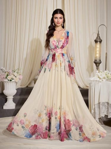 Image of TOLEEN Summer Casual Dresses for Women 2026 Spring Fashion Boho V Neck Long Sleeve Ruffle Floral Print Elegant Maxi Dress