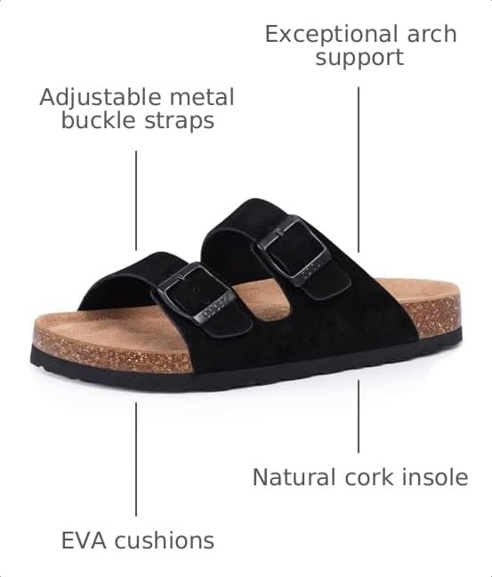 Image of ODOLY Unisex Comfortable Cork Footbed Slide Sandals with Arch Support | Adjustable Buckle, Lightweight Summer Sandals for Travel and Everyday Wear