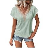 Womens Lace Tops Lace Crochet Trim V Neck Short Rolled Sleeve Summer Tops Shirts Casual Trendy Blouse Tunic Tshirts B-Green