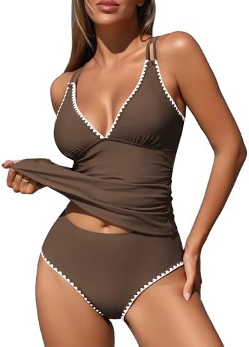 ZAFUL Womens Tankini Swimsuits V Neck Push Up Swim Top Color Block Tummy Control High Waisted Bathing Suits Swim Bottom