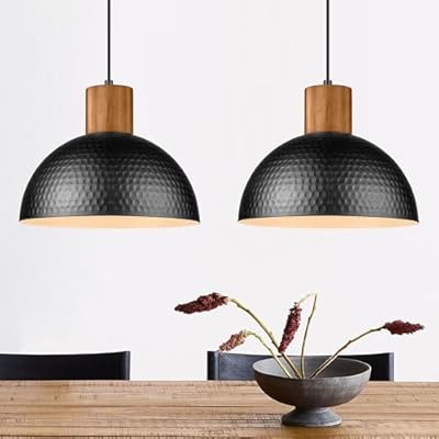 ELYONA 2 Pack Hammered Pendant Lights, 12" Industrial Metal Dome Hanging Lamp, Solid Wood Pendant Light Fixtures for Kitchen Island, Bar, Farmhouse, Dining Room, Bedroom, Hallway, Black