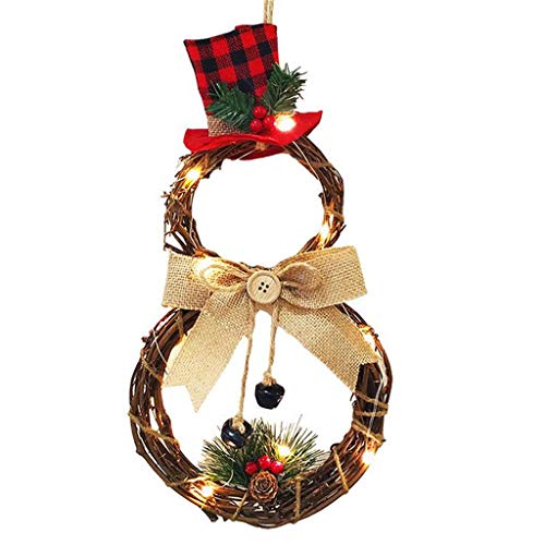 ABenxxou Couronne de Noel Porte Decoration Pendentif Exterieur Deco Noel Guirlande de Sapin Decoration pour Votre Porte, Mur Ou Fenêtre, Cheminée Murale, Rotin+Lampe LED+Toile de Jute (A)