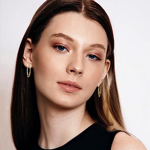 925 Sterling Silver Gold Plated Four Zircons Flower Stud Chain Earrings | Double Piercing Dangle Chain Huggie Hoop Earrings | Four Zirconia Stud Earrings Jewelry Gifts for Women4