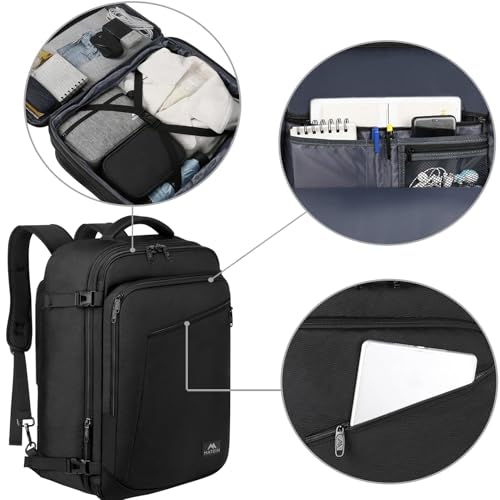 MATEIN 50L Groß Reiserucksack Handgepäck für Flugzeug 55x35x25cm Air France Rucksack Herren Erweiterbar Arbeitsrucksack Wasserabweisend Carry-On Damen Cabin Bag Tagesrucksack für Bussiness, Schwarz