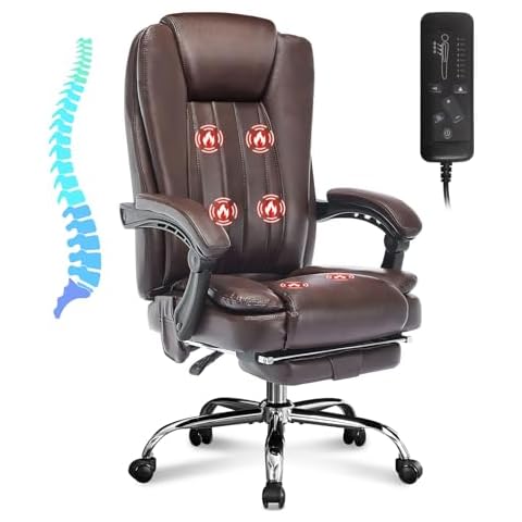 BOSMILLER Massage Office Chair with Heat and 6 Vibration Points，Executive Office Chair with Foot Rest and Padded Armrests，Reclining Backrest and Wheels Cover