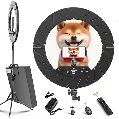 JJ JIANJIN Ring Light Kit:18"/45cm Outer 55W6700k Dimmable LED Light, Tripod Stand, Remote Controller,Box for Camera,Smartphone,YouTube,TikTok,Self-Portrait Shooting,CRI90,Black Cover