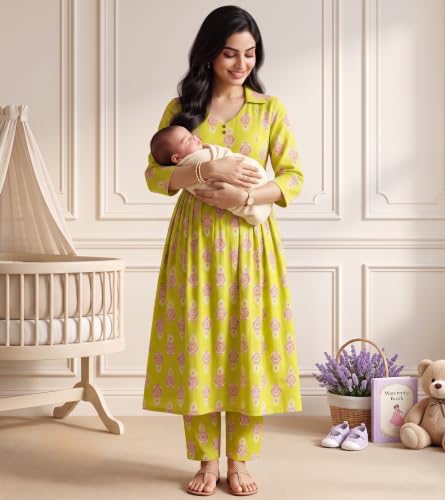 Image of DUMMY SHAPE Maternity Dresses for Women Cotton | Floral Kurta Pant Dupatta Set with Nursing Zippers, Side Pocket | Pre & Post Pregnancy | Feeding Kurti Suit | Baby Shower | Gifts for Pregnant Woman