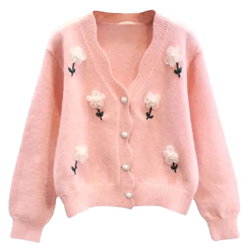 FindThy Women’s 3D Flower Embroidered Cardigan Long Sleeve V Neck Kawaii Cardigan Sweaters