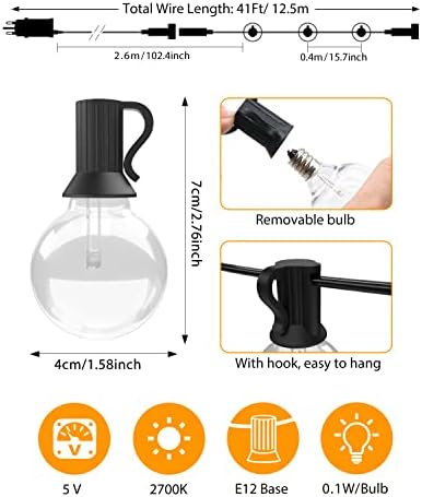 Outdoor String Lights Mains Powered, 41Ft/12.5M G40 Garden Festoon Lights, 25+2 Shatterproof LED Bulbs, Waterproof Hanging Outside Lights for Garden Patio Pergola Bar Yard Wedding Party (Warm White)