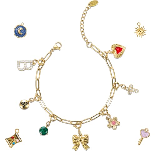 Build Your Own Custom Gold Charm Bracelet, Personalized Engraved Paperclip Link Chain Necklace for...