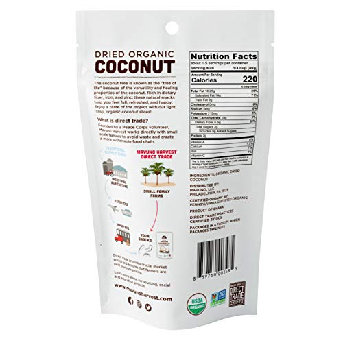 Mavuno Harvest Coconut Chips Dried Fruit Snack | Unsweetened Organic Dried Coconut Strips | Gluten Free Snack | Healthy Snacks for Kids and Adults | Vegan, Non GMO, Direct Trade | 2 Ounce, Pack of 3