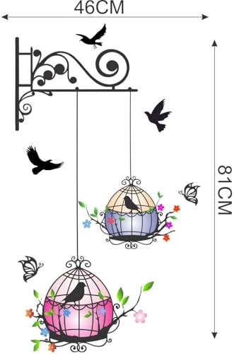 Image of Hanging Birds Cage with Flowers Wall Stickers Vinyl Wall Stickers for Bedroom,Living Room,Kids Room,Hall Wall Cover Size 46X81CM-Self-Adhesive