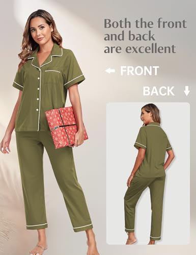 Image of COLORFULLEAF Women's 100% Cotton Pajamas Set Button Down Sleepwear Short Sleeve Shirt and Long Pants Soft Ladies Lounge Sets