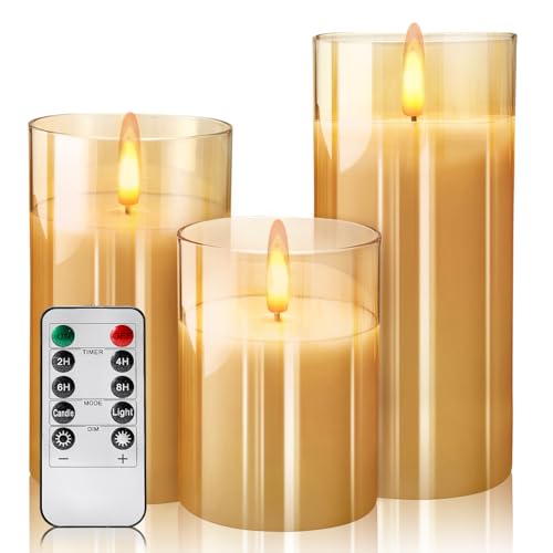 La mejor comparación de Velas Led - los preferidos. 44 Nasjac Velas Led Sin llama, Luces Veladoras de Vidrio que funcionan pilas, 3PCS Velas Eléctricas Impermeables con Control Remoto, Luz de Té Iluminación Velas de Pilar para Hogar