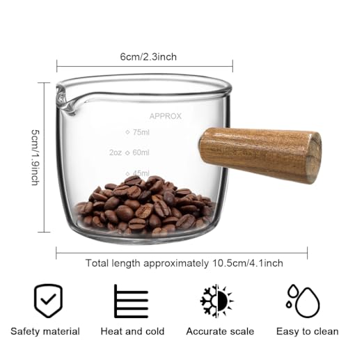 Image of Supvox Double Espresso Cup 75ml Heat Resistant Measurement Cup with Wooden Handle High Boron Glass Espresso Shot Glass with Easy Pour Spout for Home and Cafe