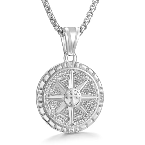 Men's Compass Pendant Necklace, Circle Vintage Coin Stainless Steel Compass Necklace Navigator Forged for Male Talisman Travel Jewelry, Inspirational Graduation Gifts (Gifts Box)
