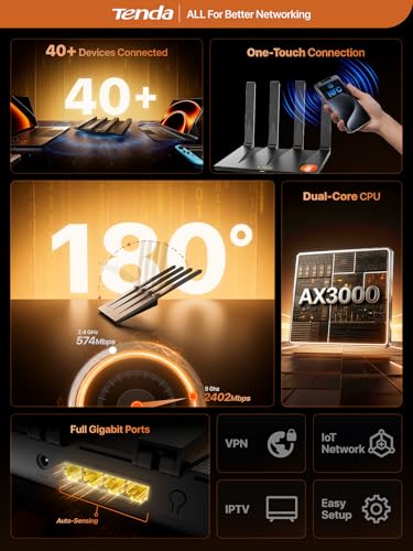 Image of Tenda AX3000 WiFi 6 Router,Dual-Band Gigabit Wireless Internet Router, Mesh & AP Mode, Built-in VPN, NFC Tap-to-Connect, OFDMA MU-MIMO, Secure IoT Network for Home Gaming & 4K Streaming(RX12 Pro V3.0)