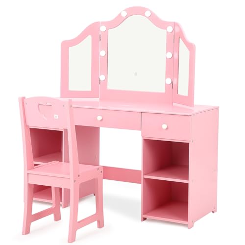 Kids Vanity with Lights, Princess Makeup Vanity Desk with Storage Cabinet & Touch Light Detachable Tri-Folding Mirror, 2 In 1 Toddler Vanity Table & Chair Set Wooden Girls Vanity Dress Table for Girls