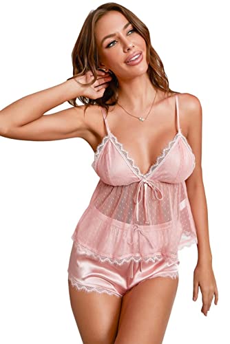 Alinfu Women’s Sexy Silky Satin Pajamas Set Floral Lace Trim 2 Pieces Cami Short Sleepwear Pink X-Large #TOP22