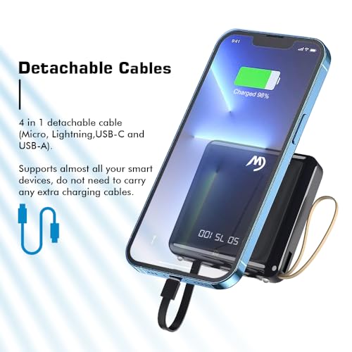 Image of 15W Fast Charging 10000mAh Power Bank with 4 in 1 Detachable Cable (Lightn-ing, Type-C, Micro Output, USB-A Input) & Dual Input (Type-C & Micro) Universal Compatibility (Li-Poly, Black)