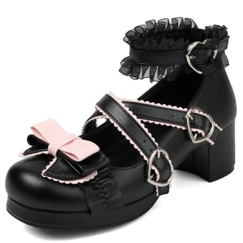 DINTAHA Womens Kawaii Goth Lolita Platform Shoes Chunky Mary Janes with Bow Cute Cosplay Shoes