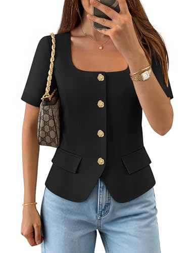 ZESICA Womens Trendy Vests Top 2026 Spring Summer Square Neck Short Sleeve Blazer Suit Button Down Business Casual Blouse Black M