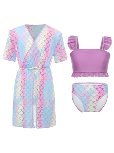 Eandarui Kids Girls 3Pcs Bikini Set Ruffle Straps Swim Top with Fish Scales Print Bottom and Beach Dress Swimsuit Purple 9-10 Years