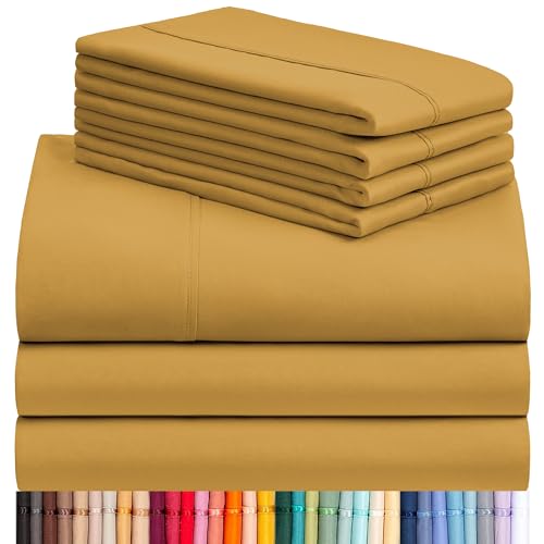 Image of LuxClub 7 PC Split King Sheet Set, Breathable Luxury Bed Sheets, Deep Pockets 18 inch Eco Friendly Wrinkle Free Cooling Sheets Machine Washable Hotel Bedding Silky Soft - Medallion Gold Split King