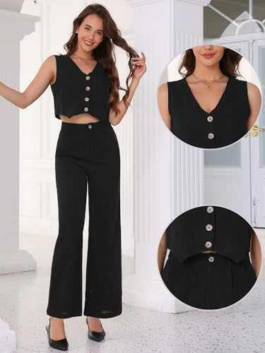Allegra K Summer Two Piece Sets for Women Linen Crop Vest Wide Leg Pant Suits Dressy Casual Outfits2