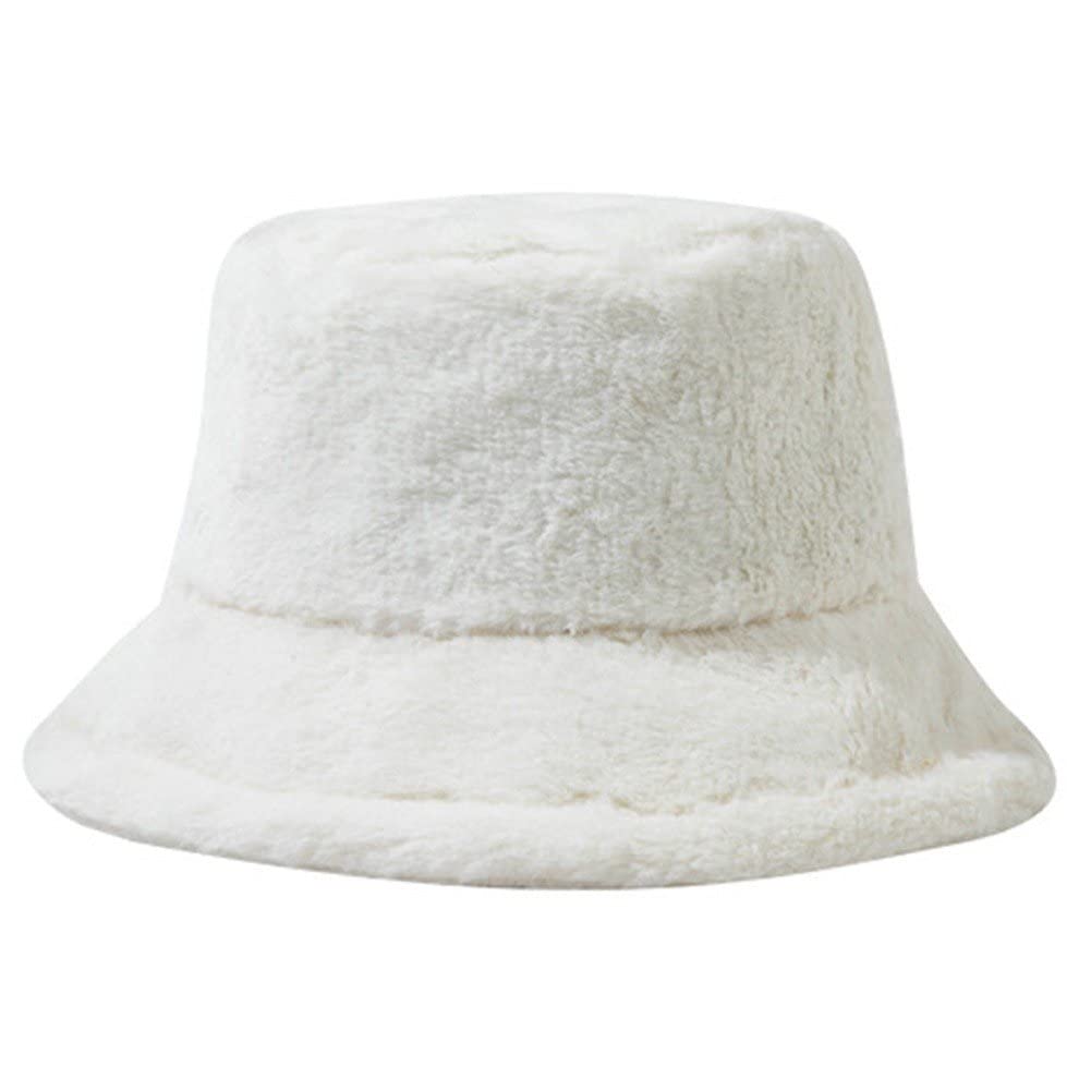 Fituenly Women's White Fluffy Bucket Hat Fisherman Hat Winter Furry Warm Hat For Teens Girls