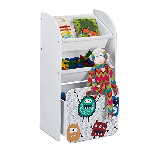 Relaxdays Estantería Infantil con 3, Monstruos, Librería Niños con Ruedas, 80,5x42,5x30 cm, Cajas Juguetes, Blanco, Tablero de Fibras