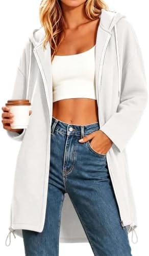 Womens Zip Up Sweatshirt Long Fleece Hooded Jacket with Pockets White - 1