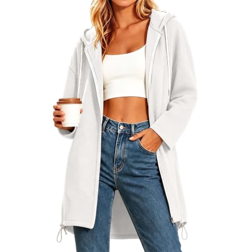Womens Zip Up Sweatshirt Long Fleece Hooded Jacket with Pockets White