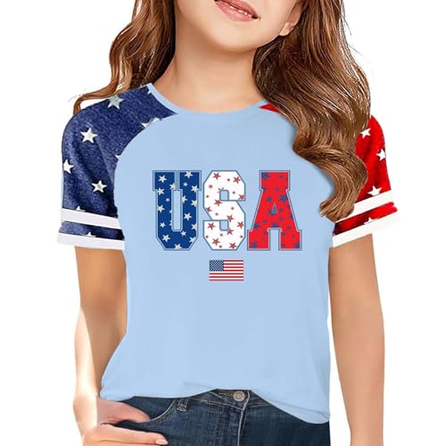 Girls Short Sleeve American Flag T-Shirt 4th of July Crewneck Tees for Kids Girls Patriotic Tops Cute Trendy Blouses