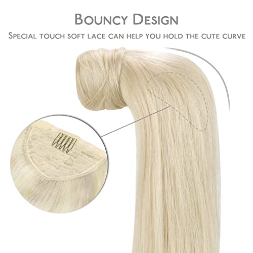 Image of WENNALIFE Ponytail Hair Extension, 22 Inch 90g Ash Blonde Highlighted Platinum Blonde Ponytail Extension Human Hair Clip in Wrap Around Remy Human Hair Extension Hairpieces Real Human Hair