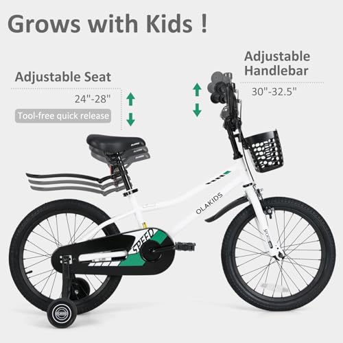 Image of Olakids Kids Bike, 12 14 16 18 Inch Toddlers Bike with Training Wheels Basket Adjustable Seat and Handlebar, Handbrake and Coaster Brake, Children's Bicycle for Boys Girls 3-8 Years Old